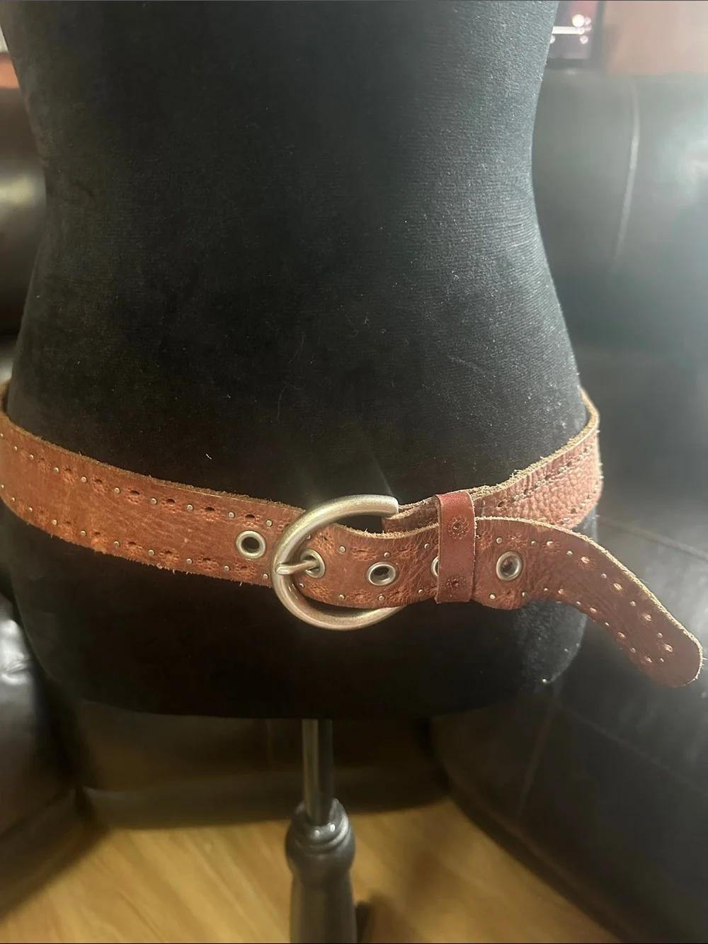 Fossil Brown Leather Studded Belt with Silver Ring Buckle